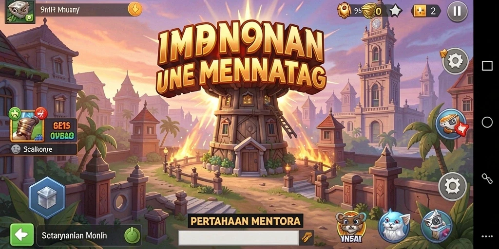 Screenshot gameplay 9N9N menampilkan pertahanan menara yang strategis.