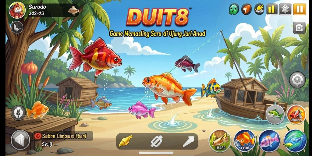 Screenshot gameplay DUIT8 dengan aksi memancing intens.