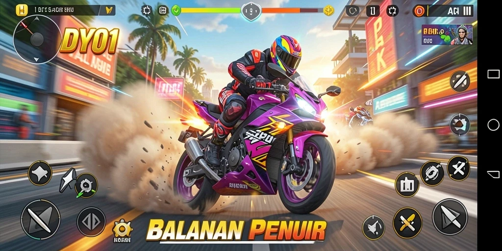 Tampilan gameplay DY01 dengan aksi balapan motor yang mendebarkan.