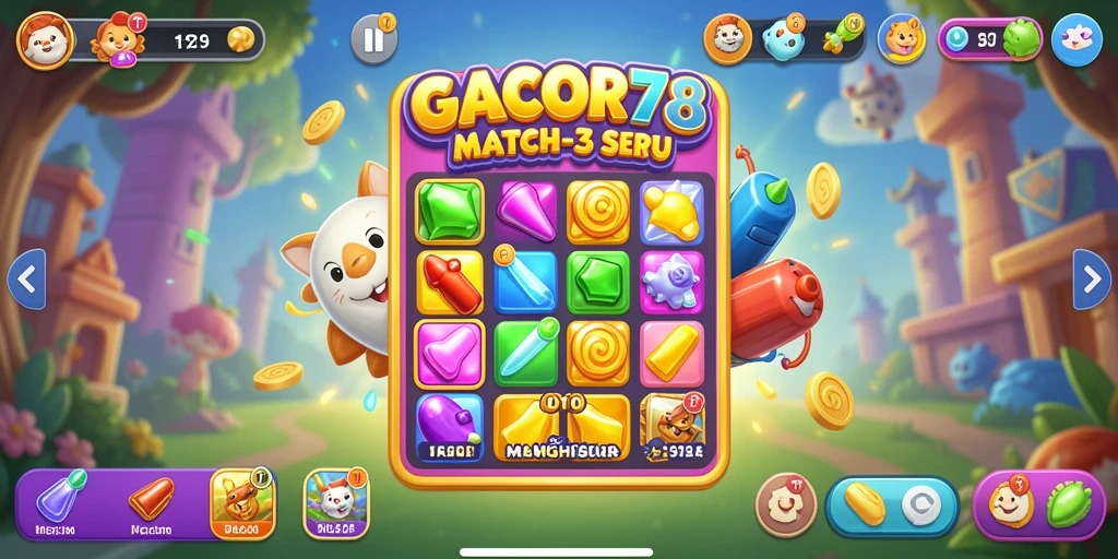 Tampilan menarik gameplay Match-3 GACOR78 yang penuh warna.