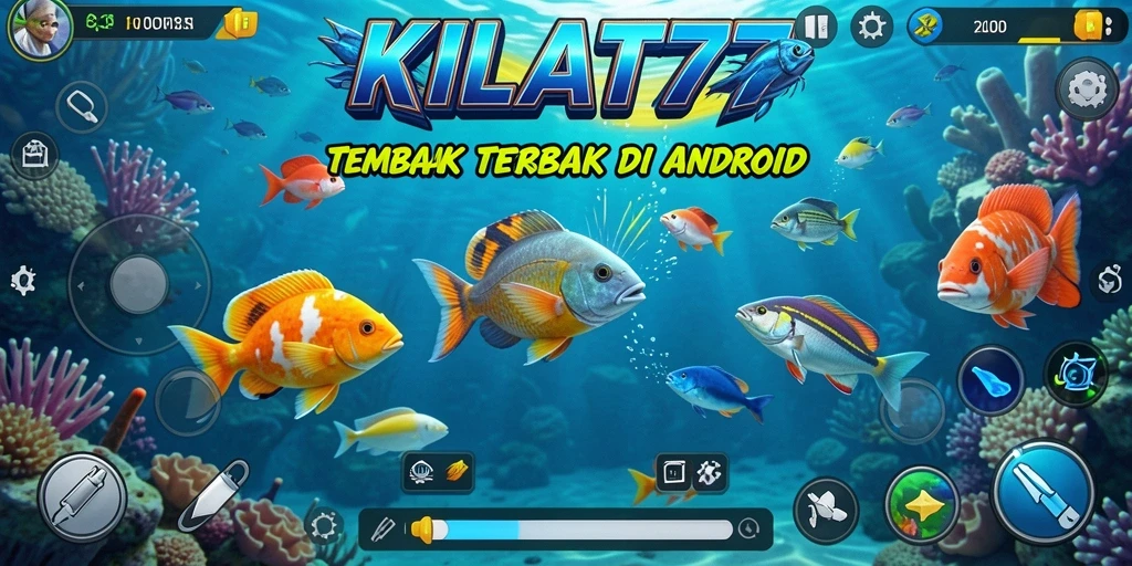 Tampilan gameplay seru di KILAT77 dengan ikan berwarna-warni.