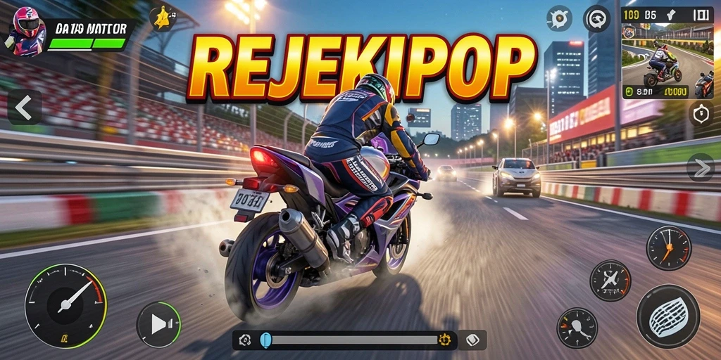 Tampilan gameplay seru dalam balapan motor REJEKIPOP.